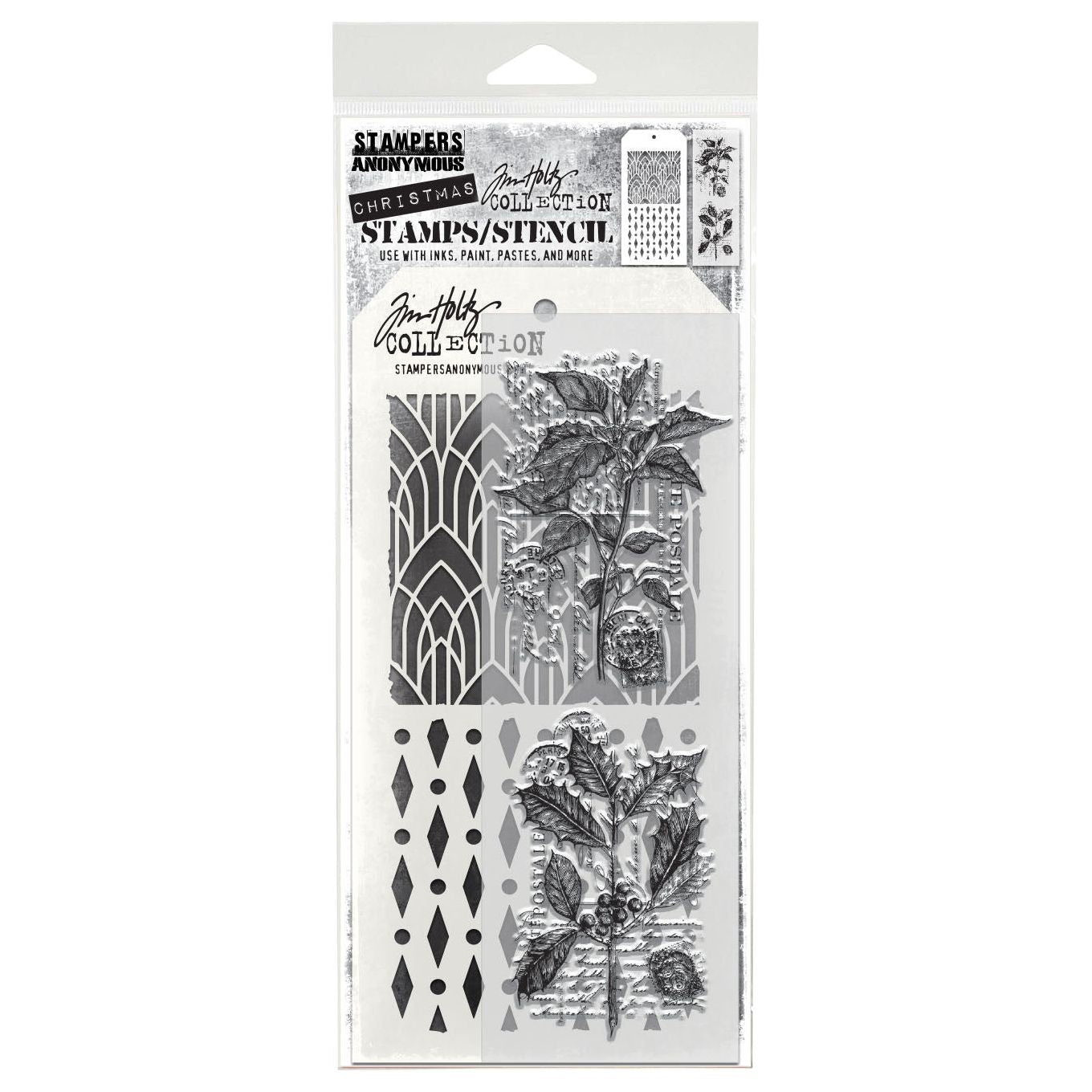 Tim Holtz Clear Stamps and Stencils Festive Collage, Deco Arch, Diamond Dots thmm175