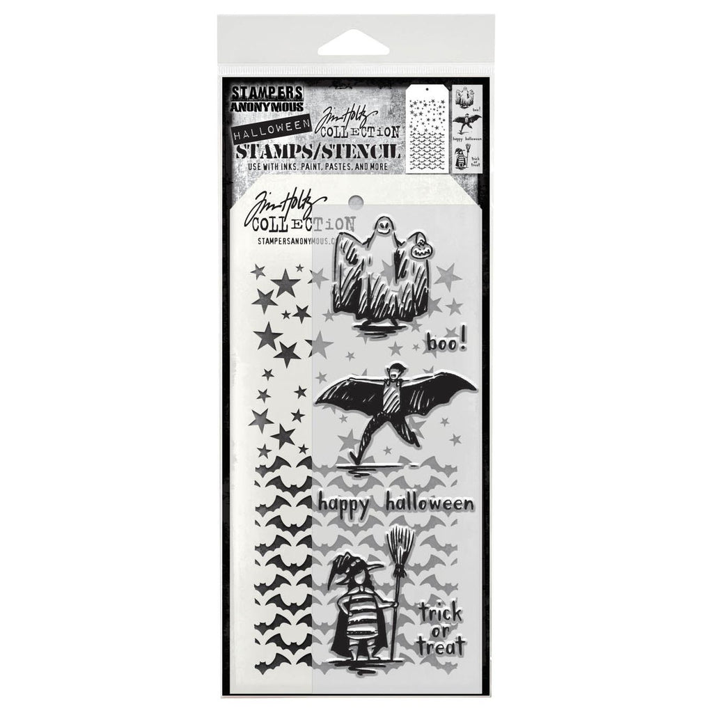 Tim Holtz Clear Stamps and Stencils Halloween Sketchbook, Batground, Falling Stars thmm165