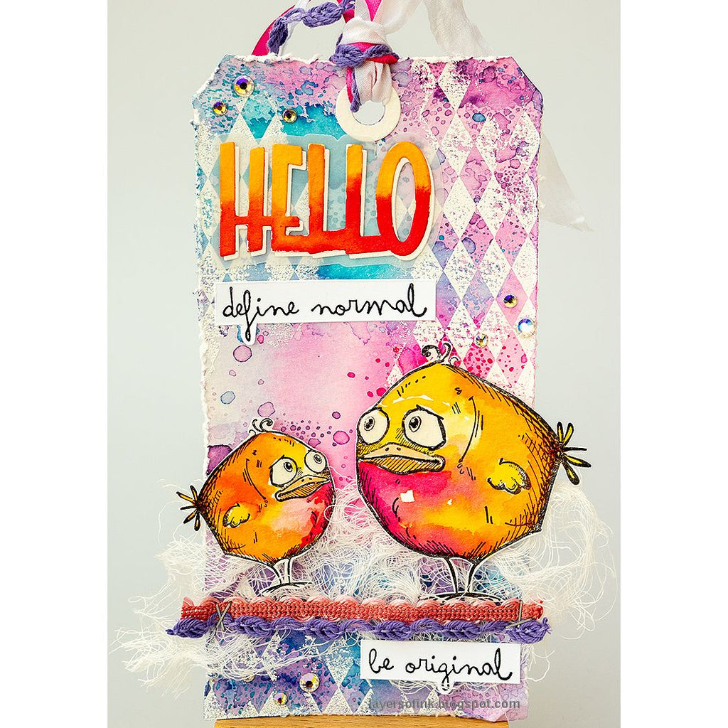 Tim Holtz Cling Rubber Stamps Bird Crazy CMS212 orange birds diamonds background hello tag card | color-code:ALT03