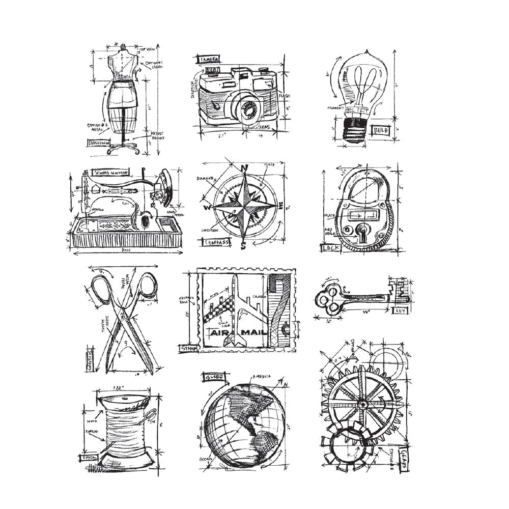 Tim Holtz Cling Rubber Stamps CMS150 MINI BLUEPRINTS 3 cms150