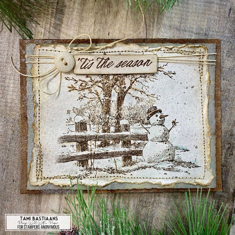 Tim Holtz Cling Rubber Stamps Christmas Spirit cms501 sepia tis the season snowman card tami bastianns
