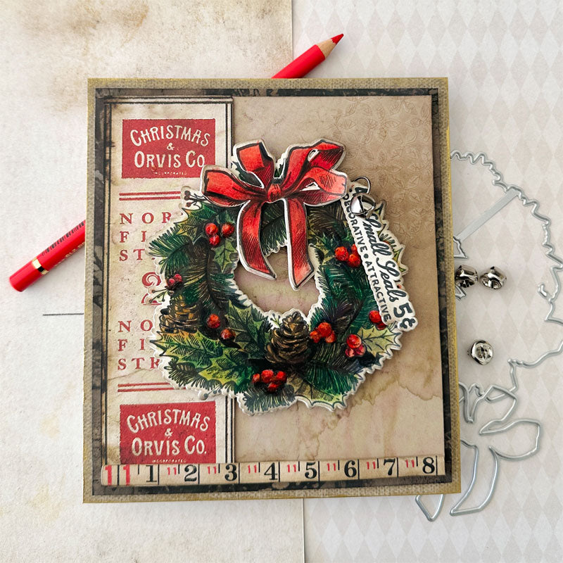 Tim Holtz Cling Rubber Stamps Department Store CMS458 wreath with red bow card