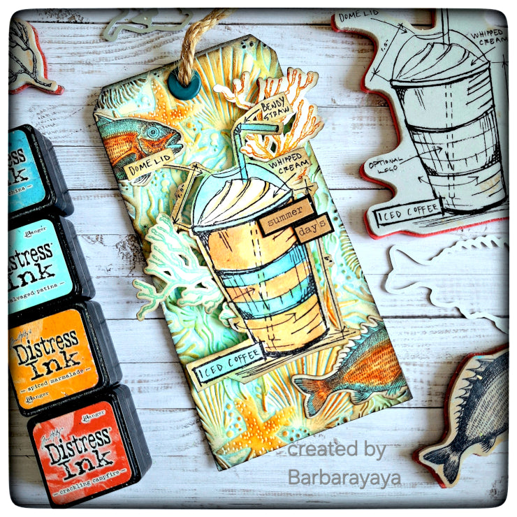 Tim Holtz Cling Rubber Stamps FRESHLY BREWED BLUEPRINT CMS232 iced coffee fish seashell background summer days card