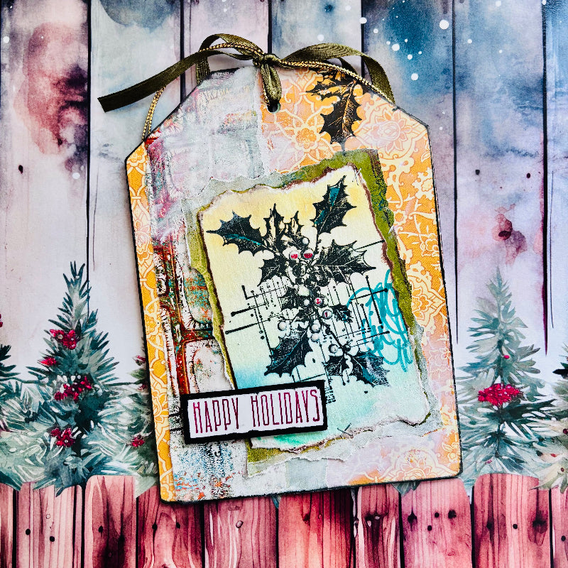 Tim Holtz Cling Rubber Stamps Festive Schematic cms502 happy holidays tag jannette simmons