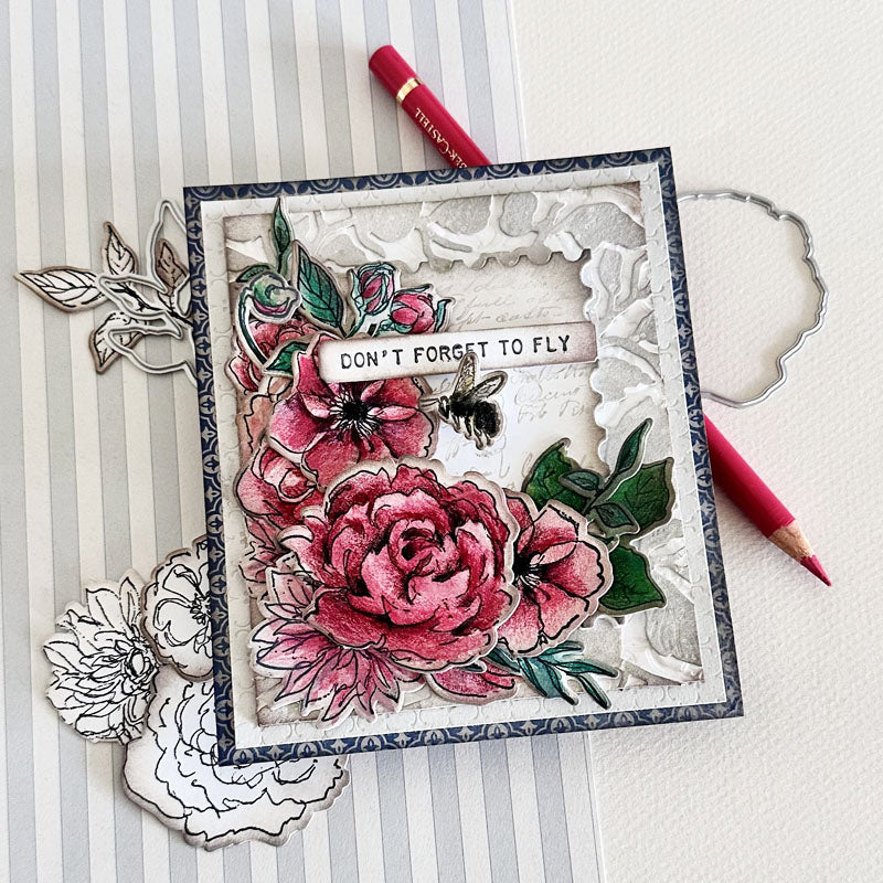 Tim Holtz Cling Rubber Stamps Floral Elements cms445 bumble bee greenery red flowers embossed frame card