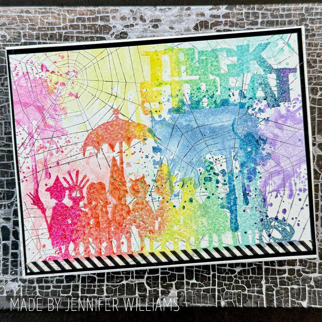 Tim Holtz Cling Rubber Stamps Halloween Cutouts cms139 rainbow watercolor background jennifer williams