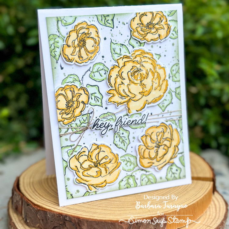 Tim Holtz Cling Rubber Stamps June 2026 Bundle yellow flowers leaves gold thread hey friend card barbara tarayao