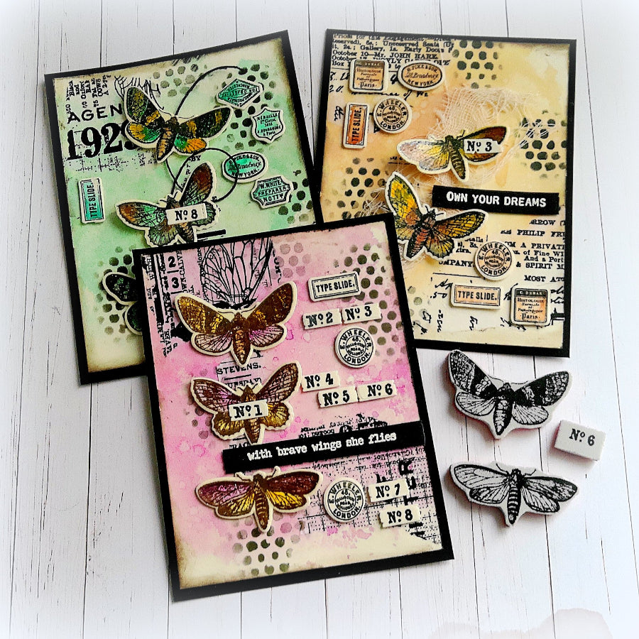 Tim Holtz Cling Rubber Stamps Moth Study cms436 green yellow pink polka dots cards