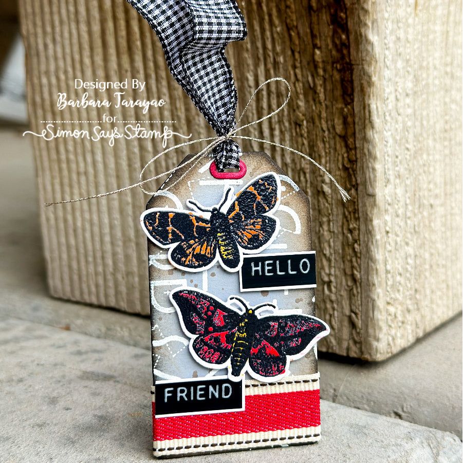 Tim Holtz Cling Rubber Stamps Moth Study cms436 hello friend red ribbon black white plaid tag barbara tarayao