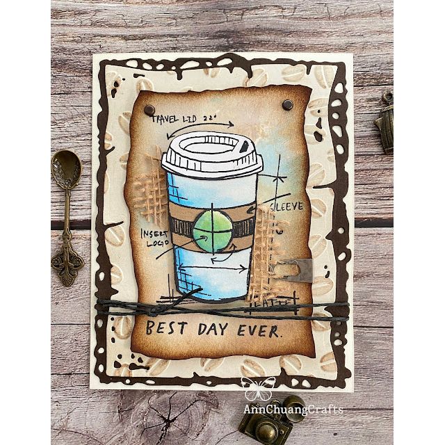 Tim Holtz Cling Rubber Stamps NOTEWORTHY CMS446 offe cup coffee bean background best day ever card
