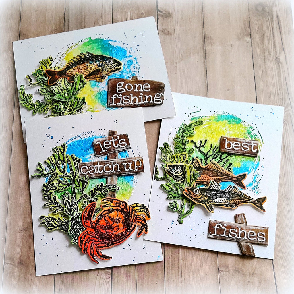 Tim Holtz Cling Rubber Stamps Sea Life cms304 fish crab gone fishing card kath stewart