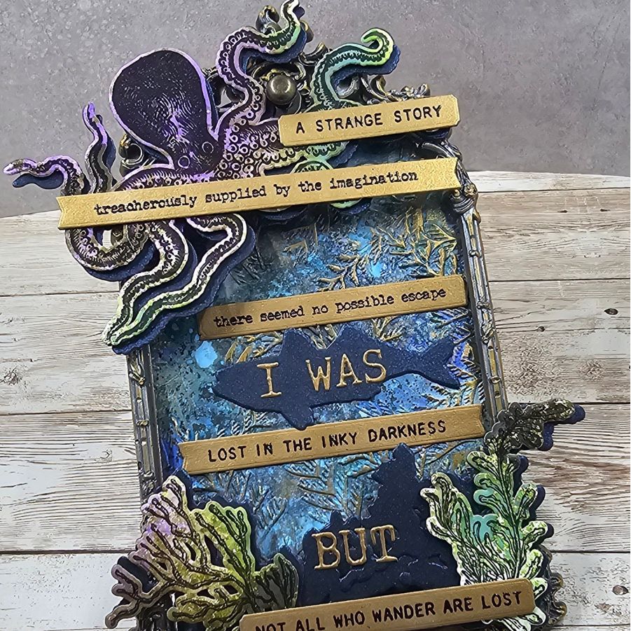 Tim Holtz Cling Rubber Stamps Sea Life cms304 octopus blue purple gold words fish underwater coral frame