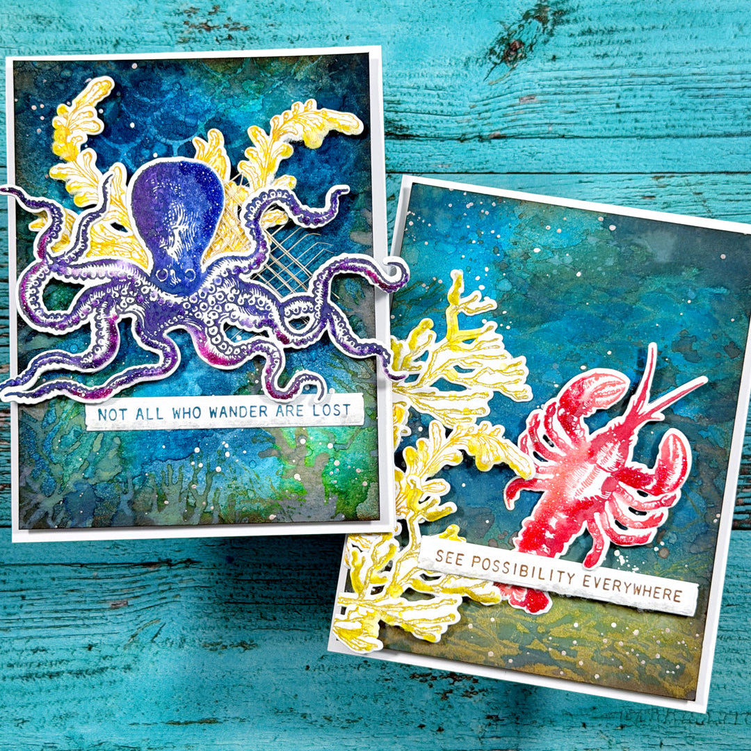 Tim Holtz Cling Rubber Stamps Sea Life cms304 octopus blue purple lobster red underwater coral card jenn shurkus