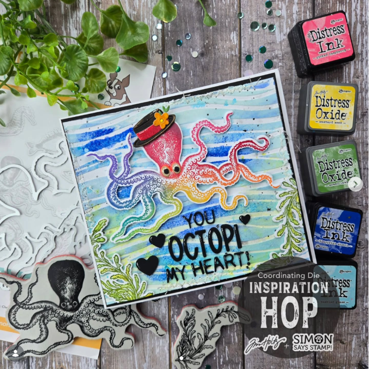 Tim Holtz Cling Rubber Stamps Sea Life cms304 rainbow octopus with hat card kulbir kirkland