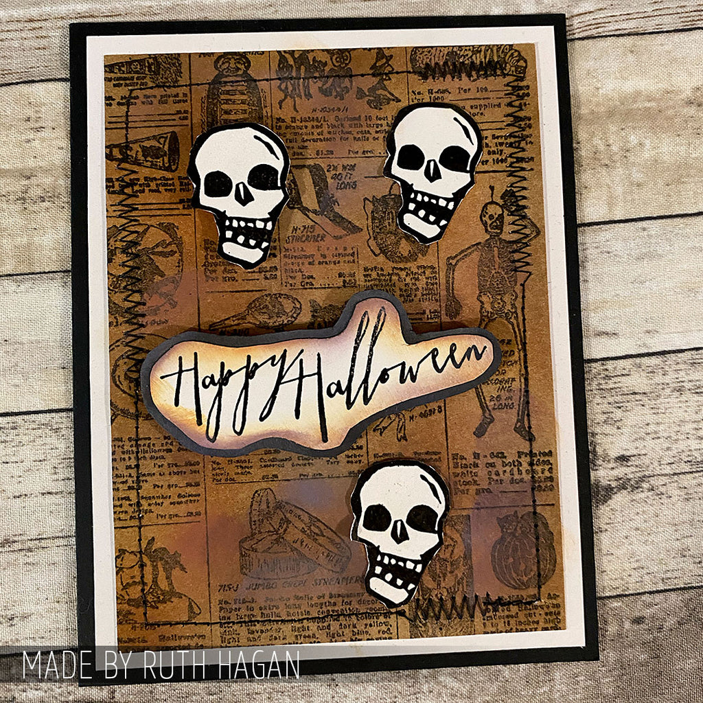 Tim Holtz Cling Rubber Stamps Seasonal Catalog 1 CMS174 happy halloween skulls card ruth hagan