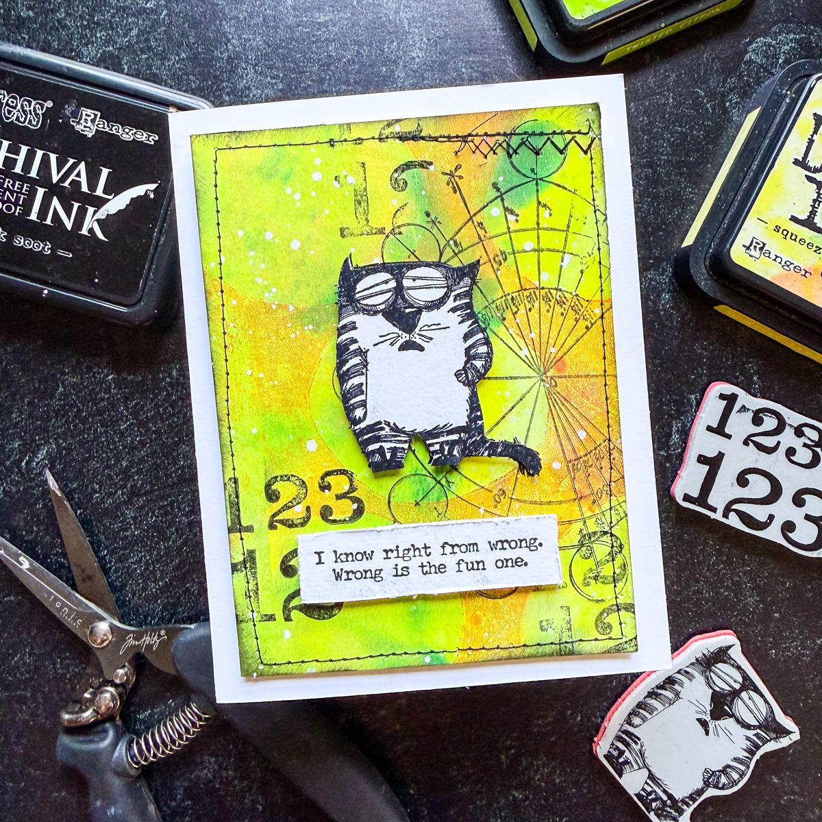 Tim Holtz Cling Rubber Stamps Snarky Cat CMS392 bright color background card | color-code:ALT02