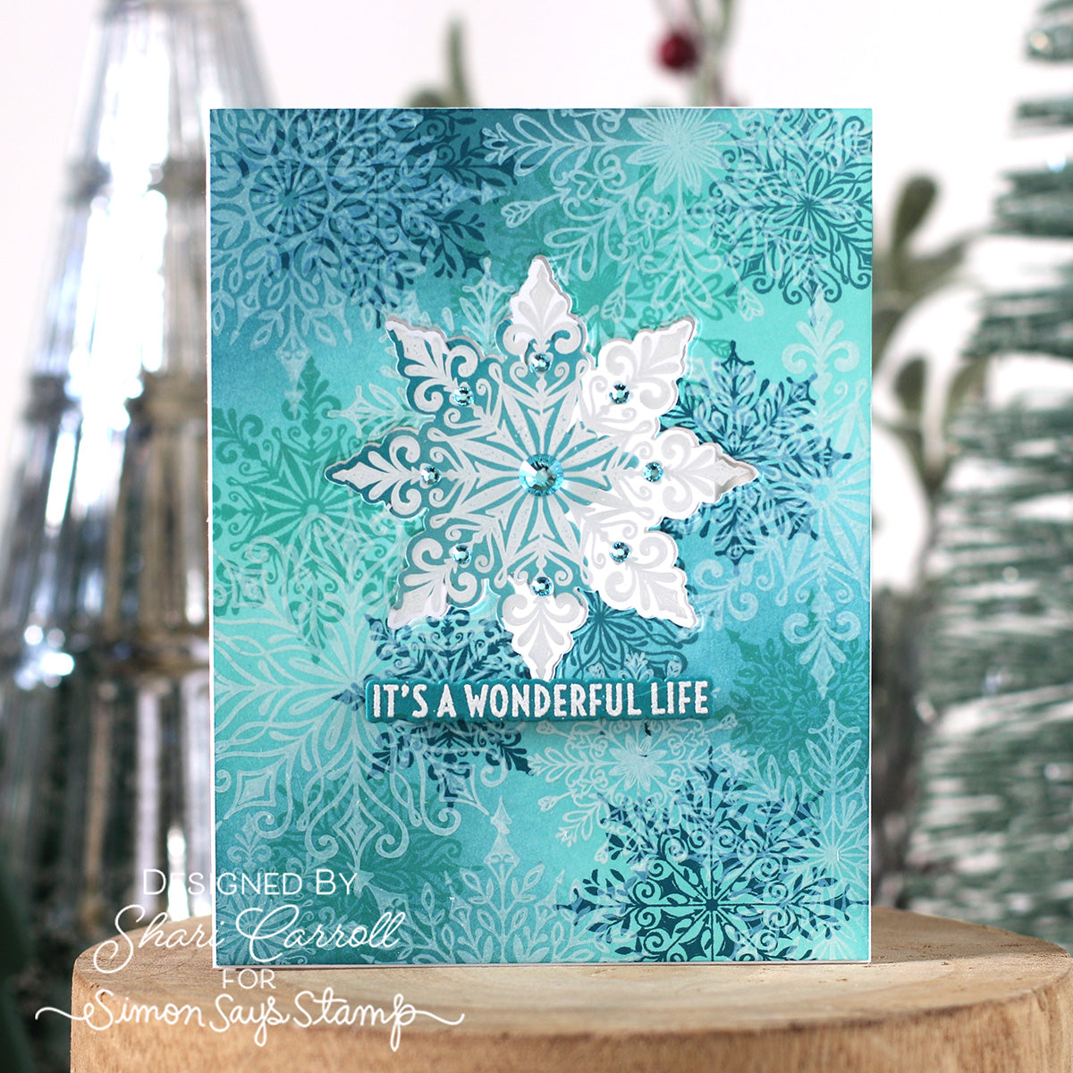 Tim Holtz Cling Rubber Stamps Swirly Snowflakes cms319 it's a wonderful life teal card shari carroll