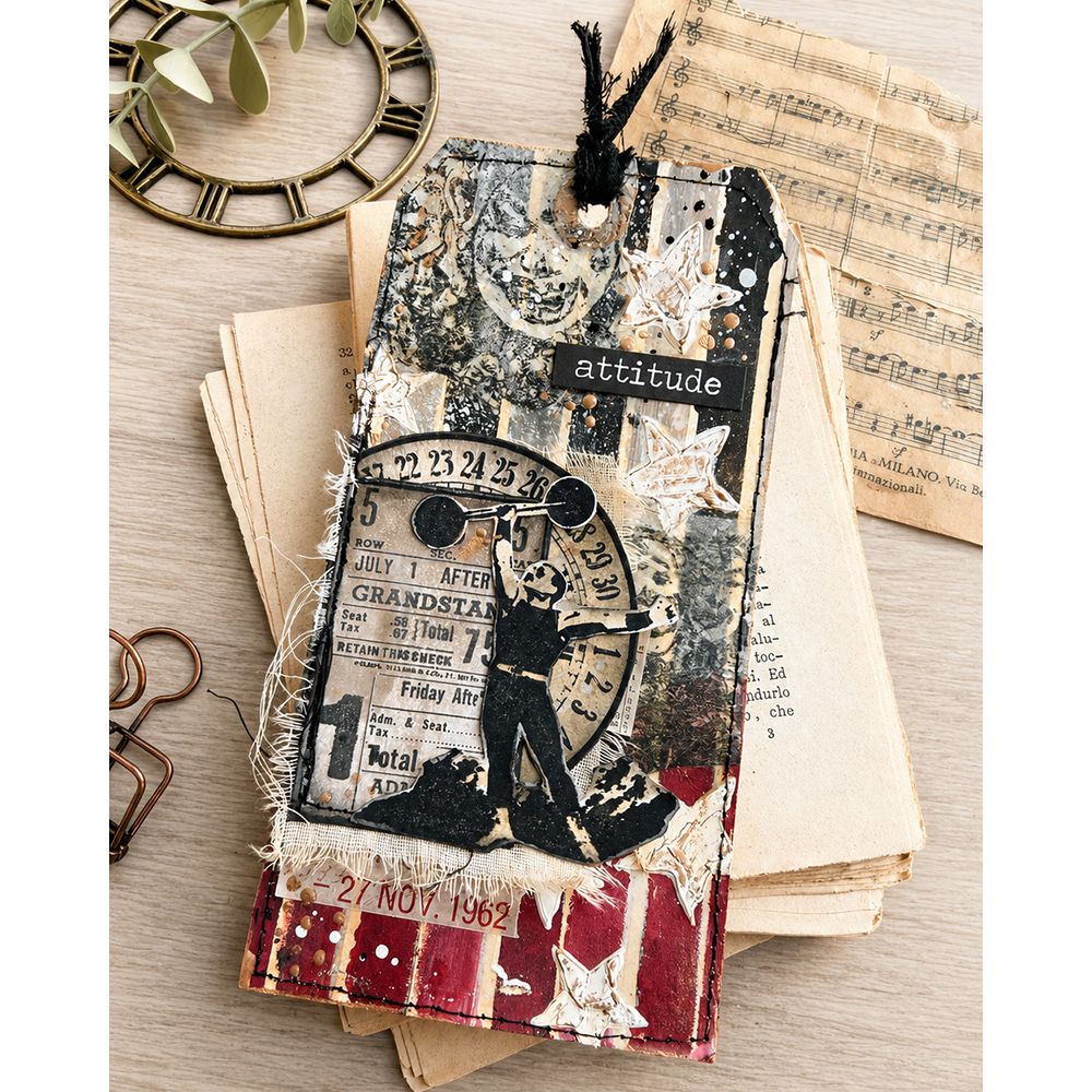 Tim Holtz Cling Rubber Stamps The Big Top cms074 man lifting weights attitude stars tag card | color-code:ALT01