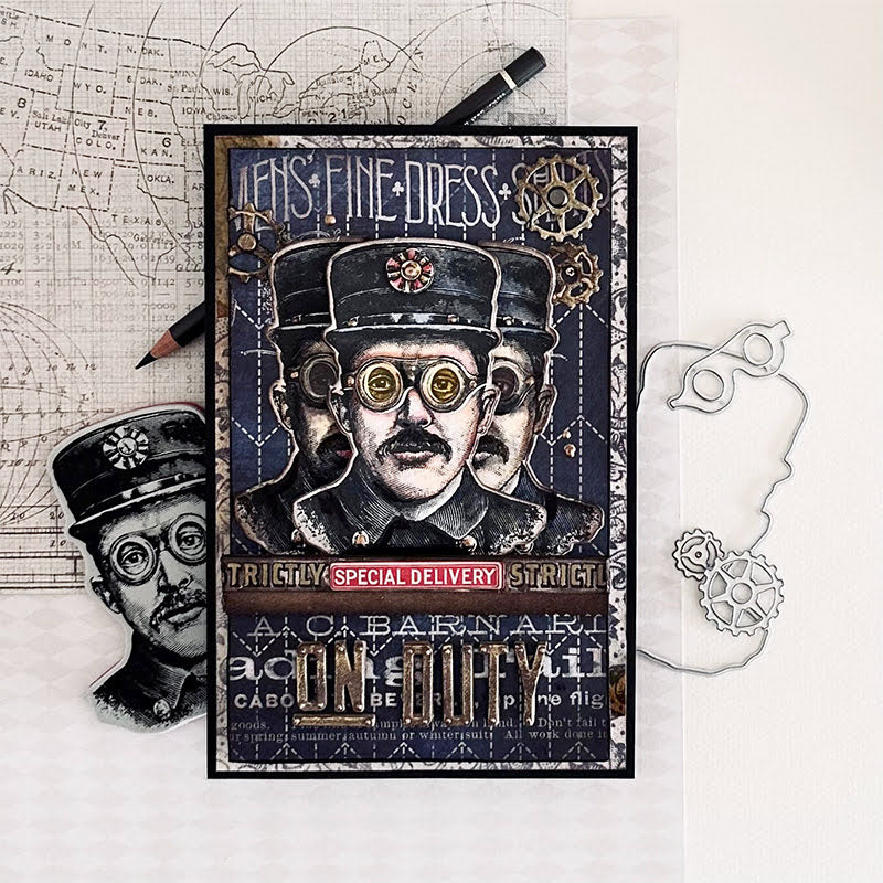 Tim Holtz Cling Rubber Stamps The Inspector cms465 navy background
