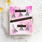 Tim Holtz Cling Rubber Stamps Tiny Text cms394 pink eiffel tower gold beads explore card
