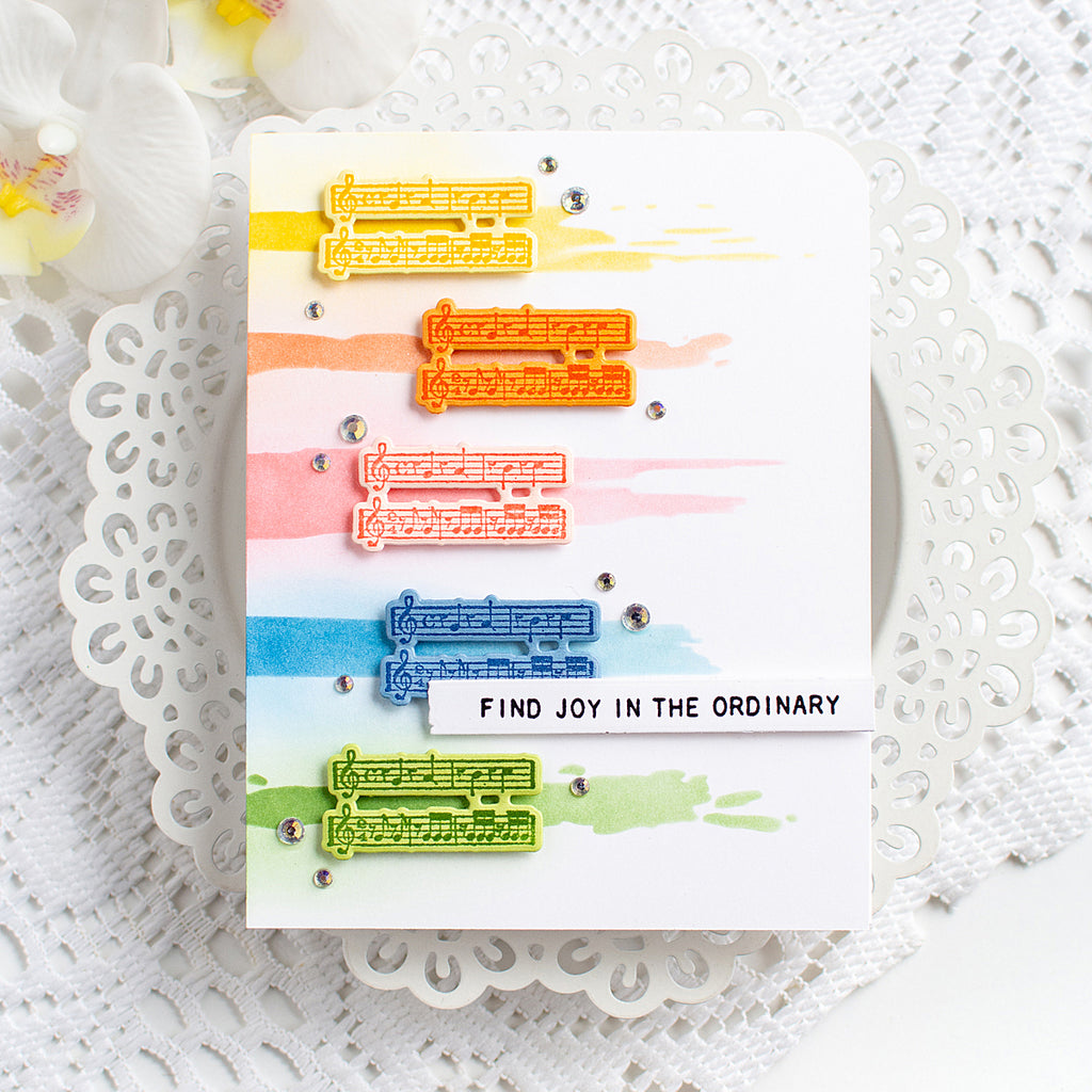 Tim Holtz Cling Rubber Stamps Tiny Text cms394 rainbow music notes silver jewels find joy card