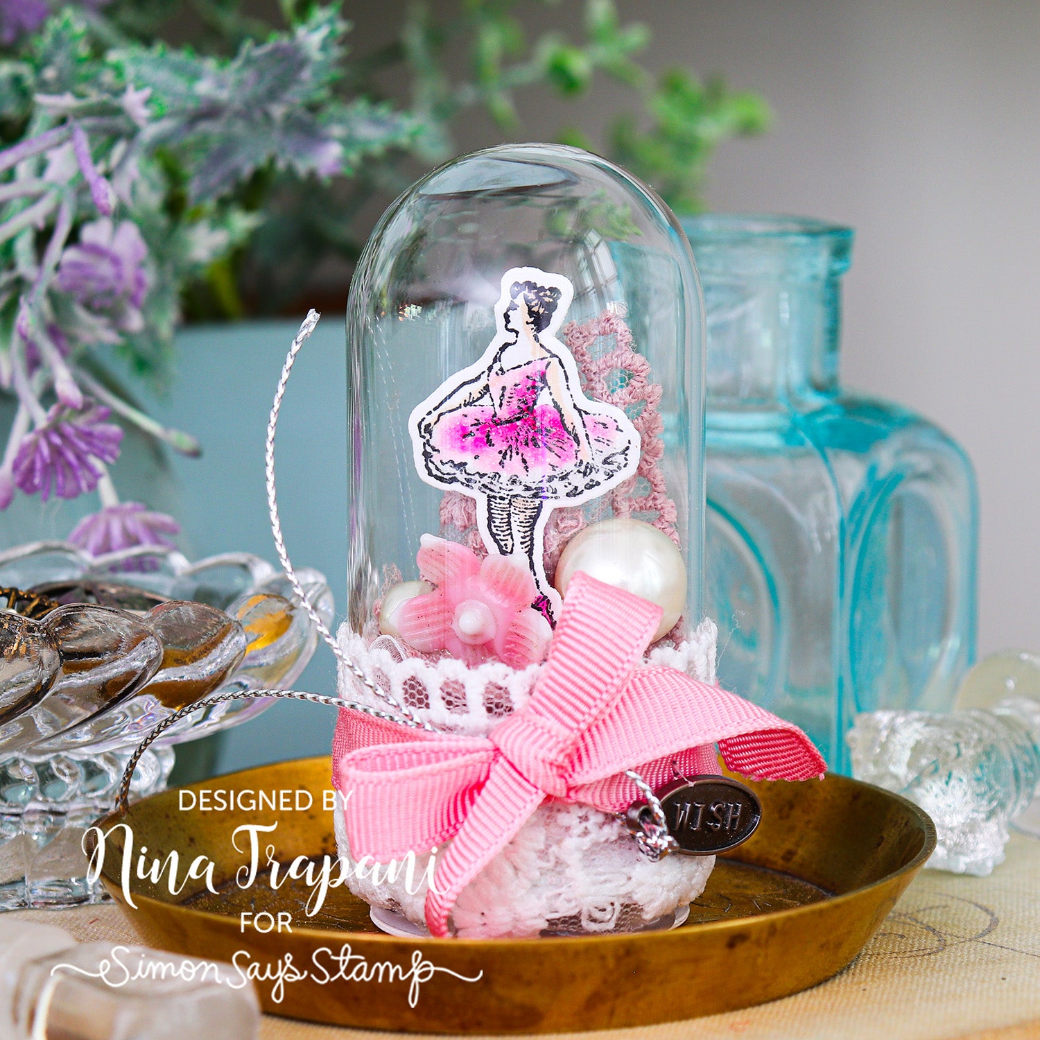 Tim Holtz Cling Rubber Stamps Tiny Things cms164 ballerina pink tutu pearls flowers ribbon silver glass dome nina trapani