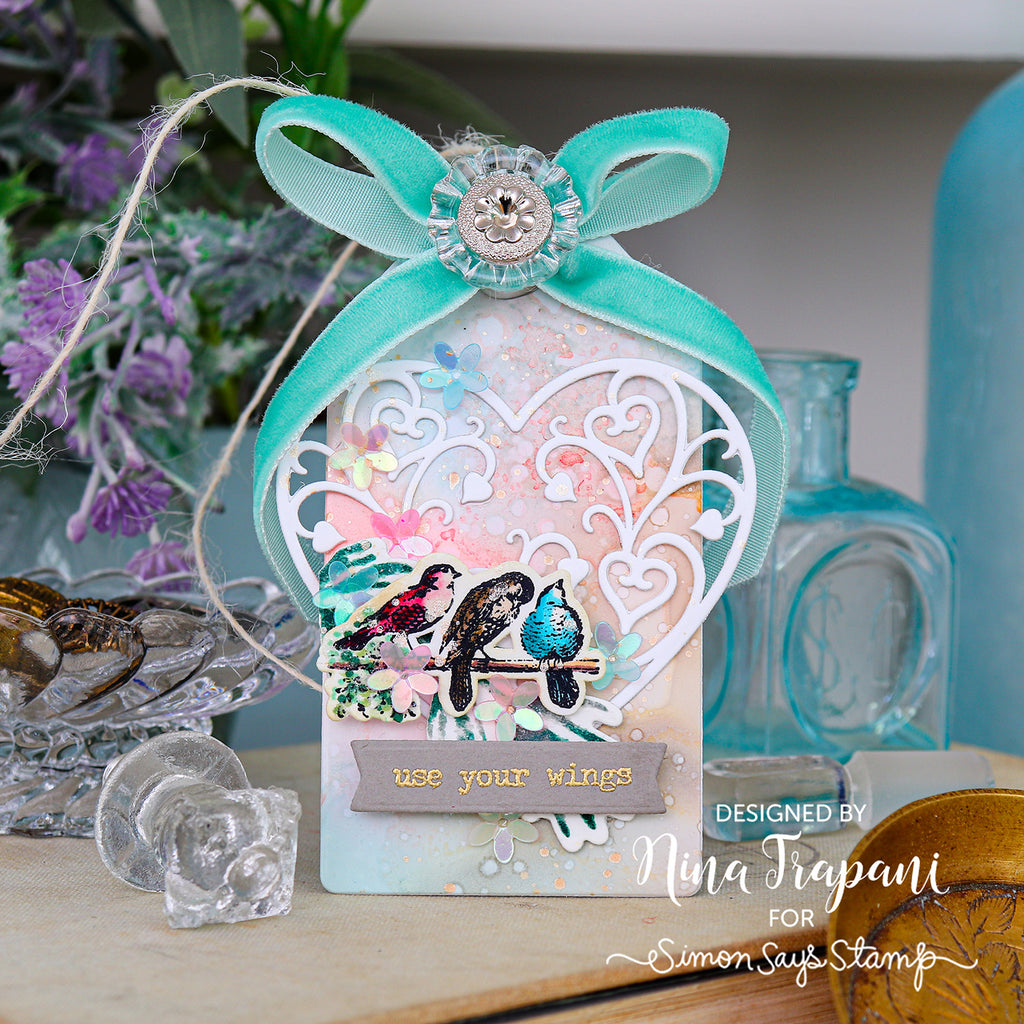 Tim Holtz Cling Rubber Stamps Tiny Things cms164 birds filigree heart blue ribbon wings watercolor tag nina trapani