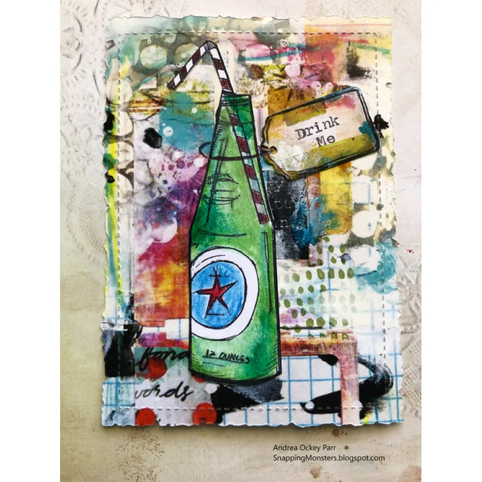 Tim Holtz Cling Rubber Stamps Treats Blueprint CMS195 drink bottle straw drink me tag colorful background | color-code:ALT02