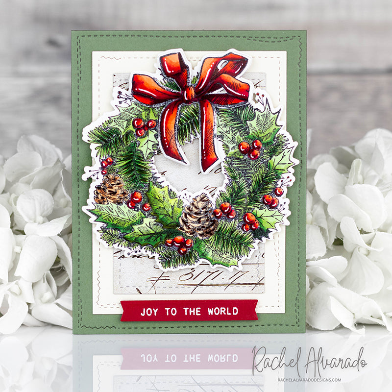 Tim Holtz Department Store Stamps with Simon Says Stamp Dies Bundle setds26 Rachel Alvarado Vintage Christmas Card with Wreath