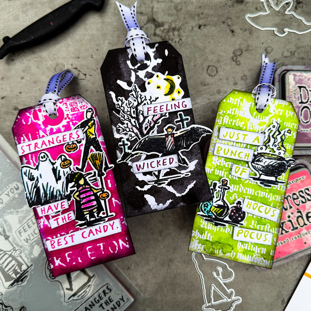 Tim Holtz Detailer Water Brush Ranger Watercoloring TIP33080 Mono Printed Halloween Tags | color-code:ALT13