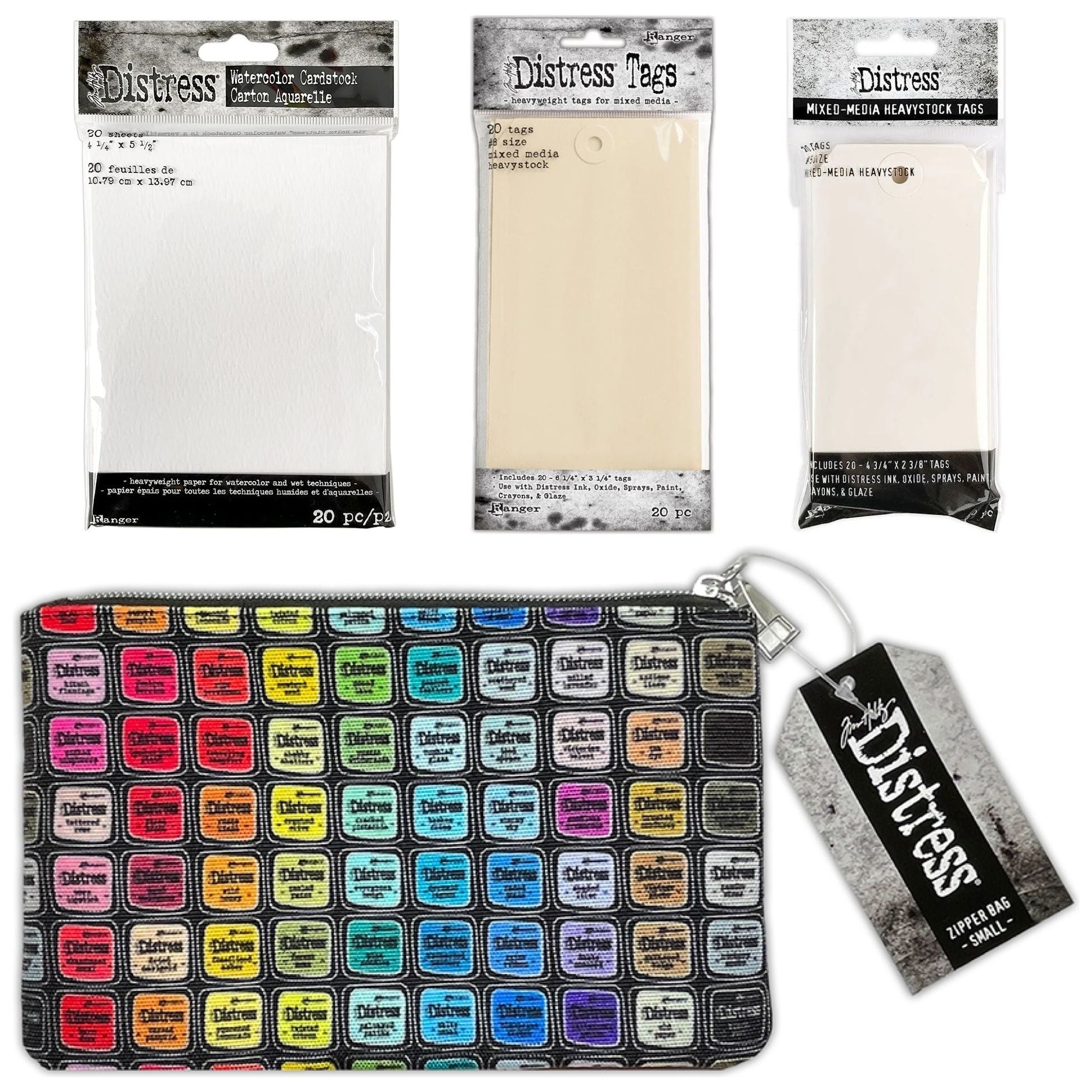 Tim Holtz Distress 4.25x5.5 Watercolor Cardstock Mixed Media Heavystock Tags And 5x8 Zipper Bag Bundle