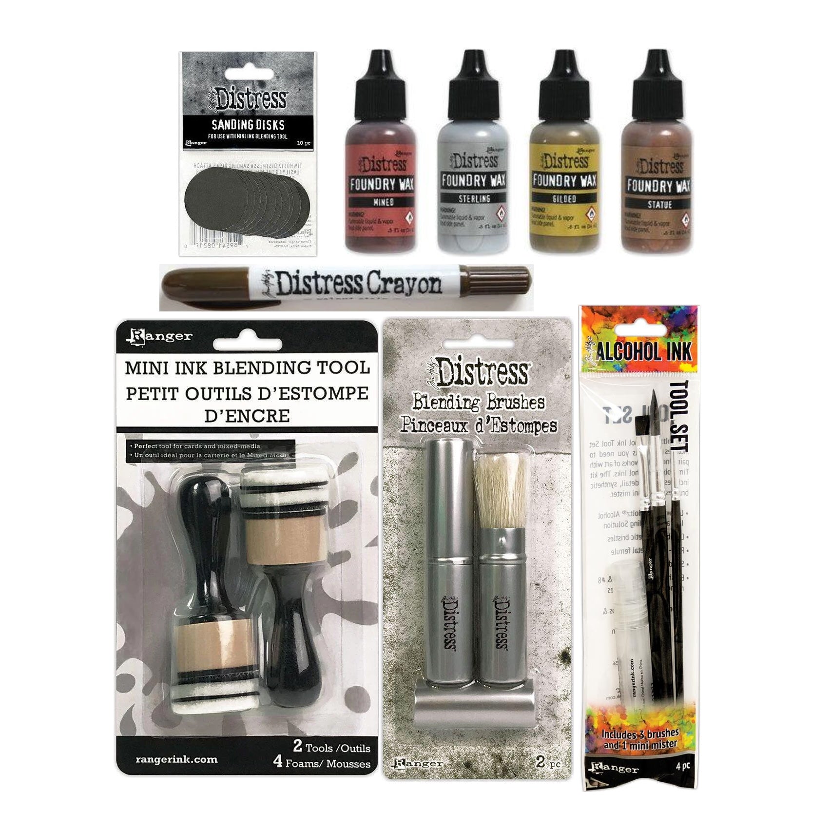 Tim Holtz Distress Foundry Wax Brush Sanding Disk Blending Brushes Walnut Stain Crayon Bundle