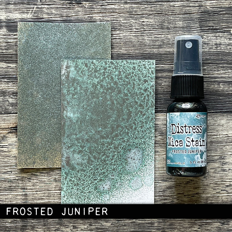 Tim Holtz Distress Frosted Juniper Mica Stain Ranger tsh87243 Swatch And Bottle Side by Side
