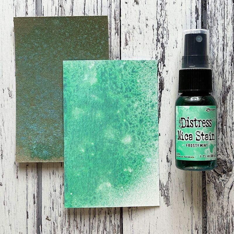 Tim Holtz Distress Frosty Mint Mica Stain Ranger tsh87250 Swatches And Bottle Side by Side