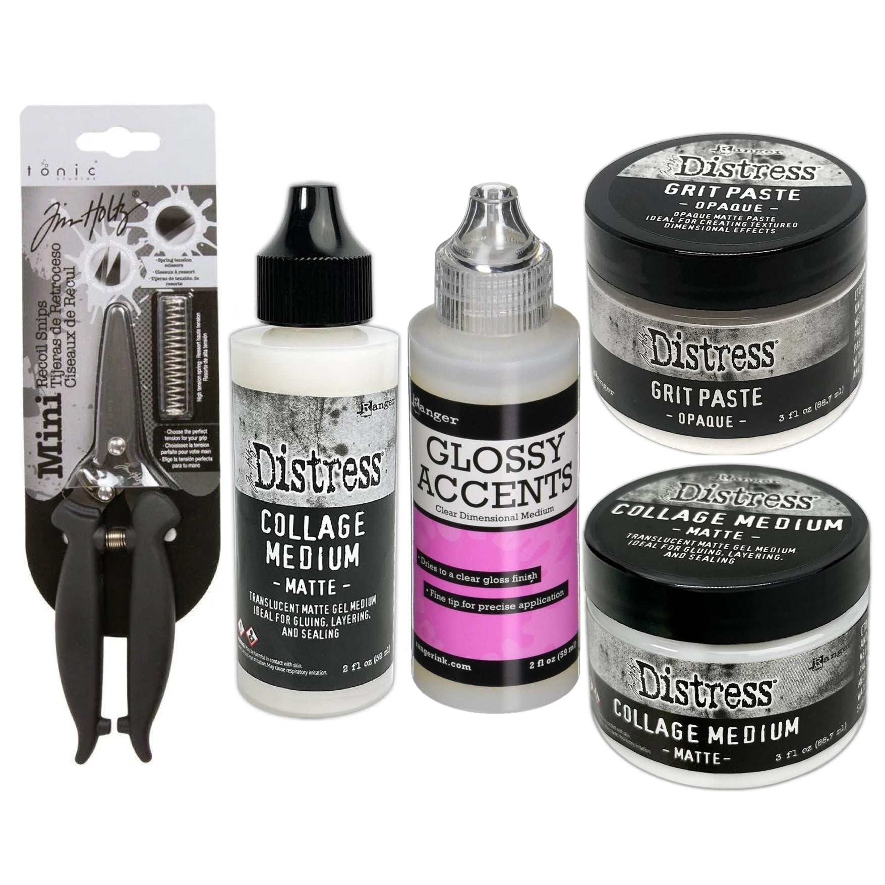 Tim Holtz Distress Grit Paste Opaque Collage Medium Matte Glossy Accents And Recoil Snips Bundle