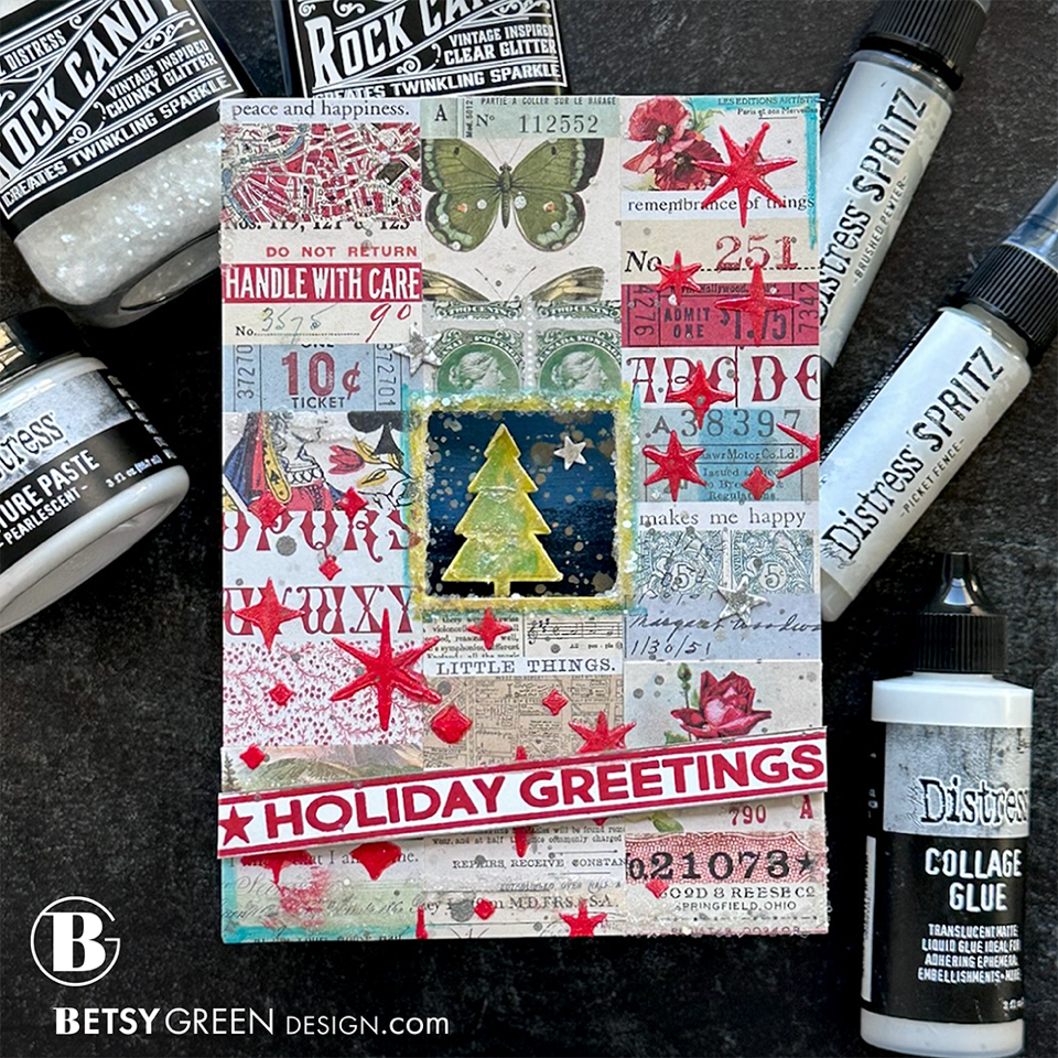 Tim Holtz Distress Mini Collage Glue 0.5 oz. Bundle Of 3 Betsy Green Holiday Greetings Collage Piece