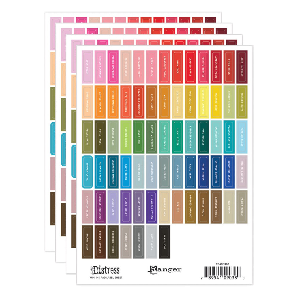 Tim Holtz Distress Mini Ink Pad Label Sheets With White Printing Bundle Of 4