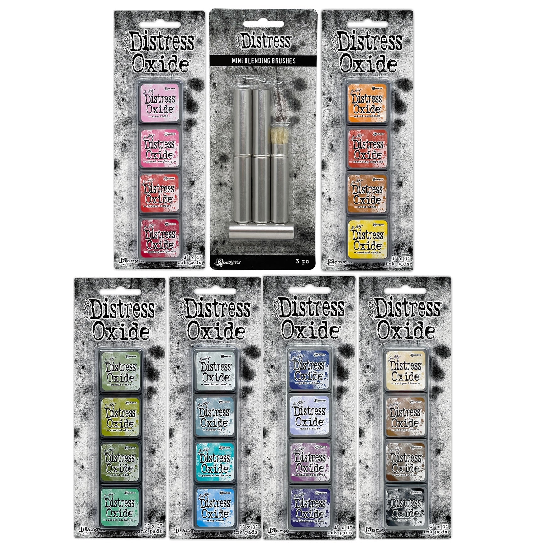 Tim Holtz Distress Mini Oxide Ink Pad Kits 1-6 And 3 Mini Blending Brushes Bundle