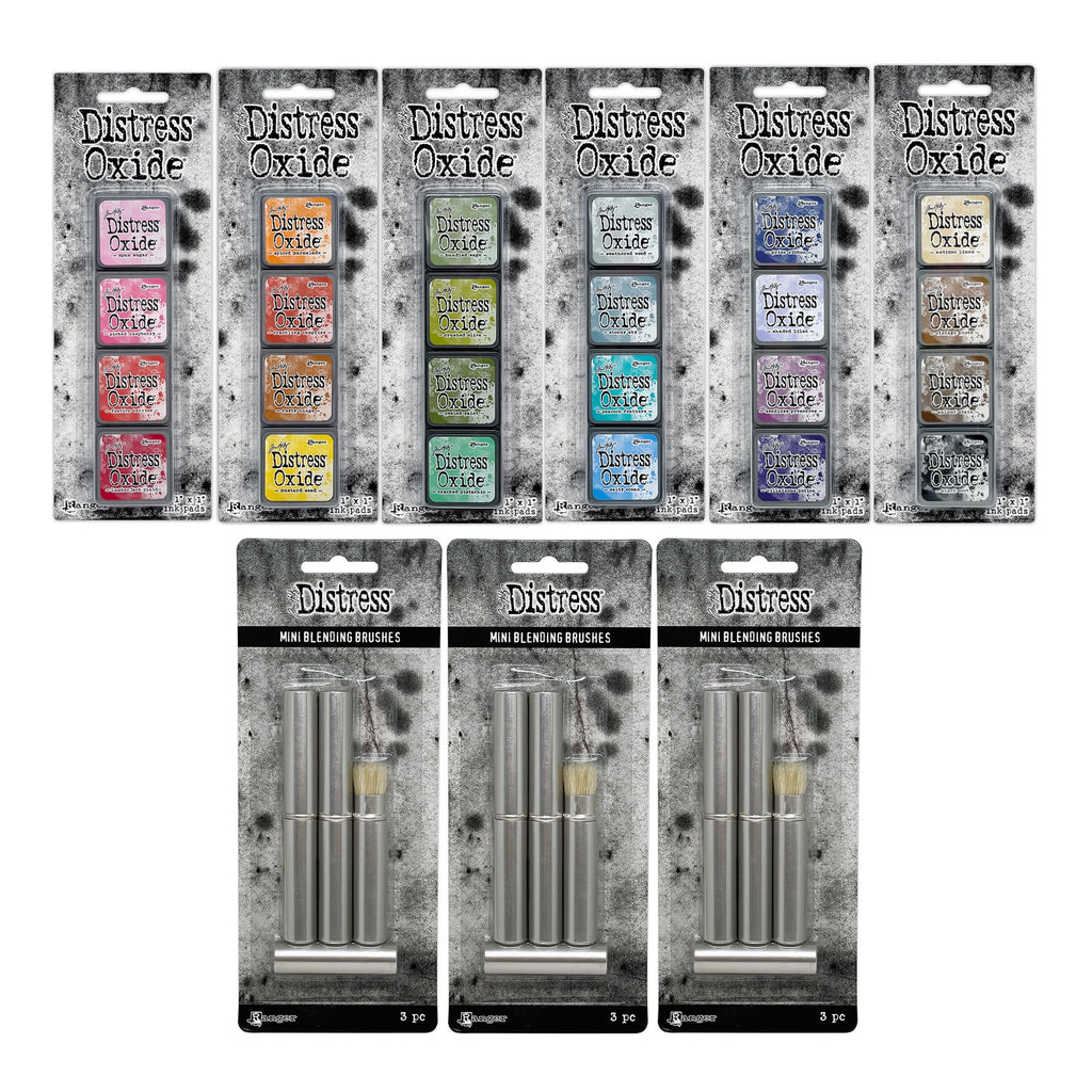Tim Holtz Distress Mini Oxide Ink Pad Kits 1-6 And 9 Mini Blending Brushes Bundle