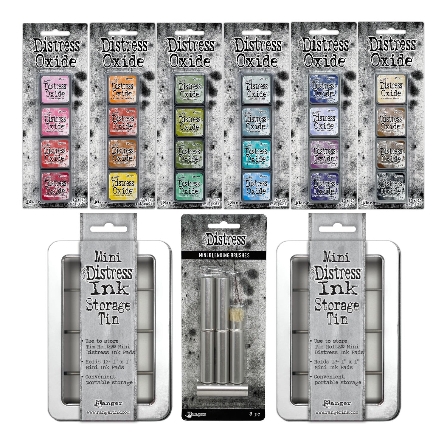 Tim Holtz Distress Mini Oxide Ink Pad Kits 1-6 Mini Blending Brushes And 2 Storage Tins Bundle