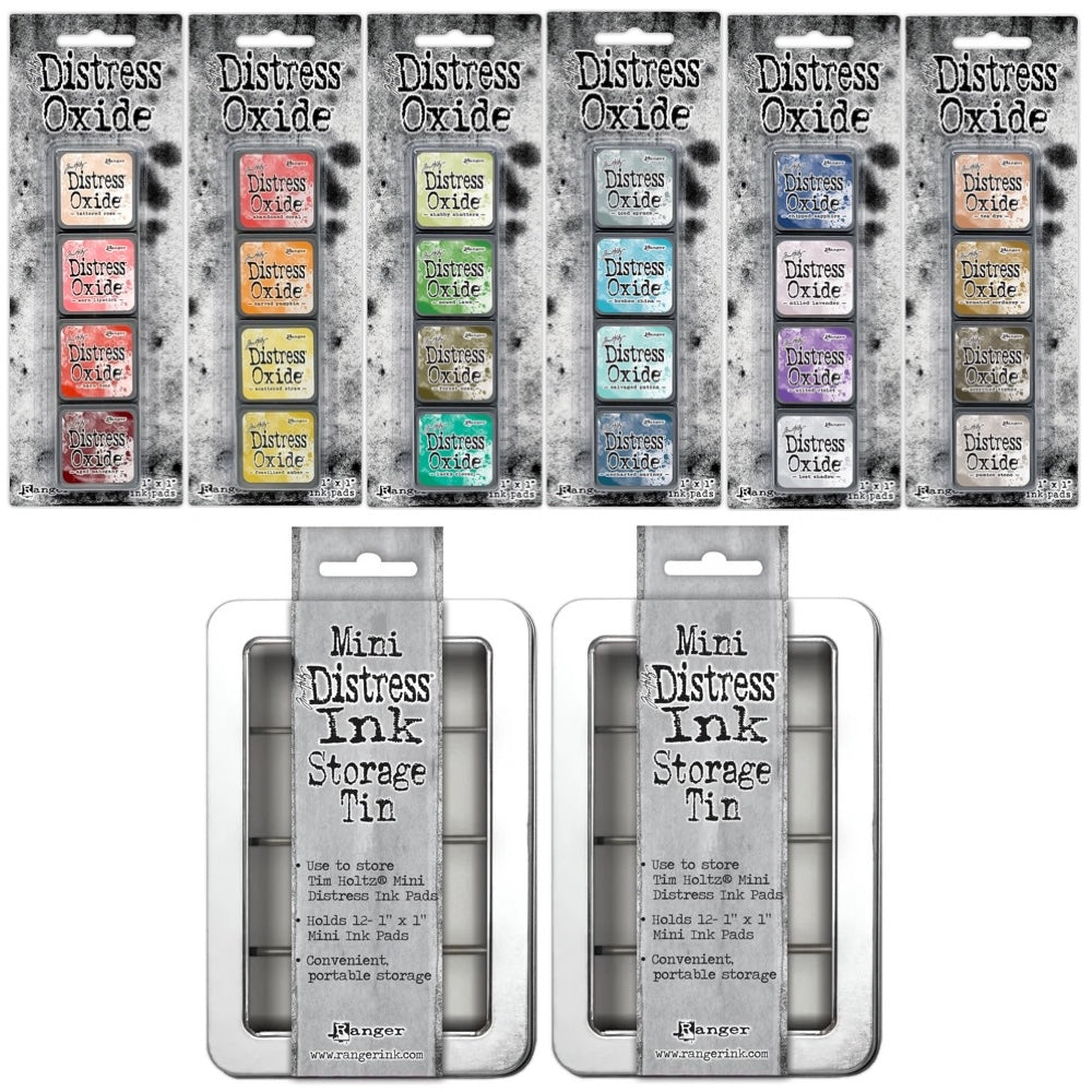 Tim Holtz Distress Mini Oxide Ink Pad Kits 13-18 And 2 Storage Tins Bundle