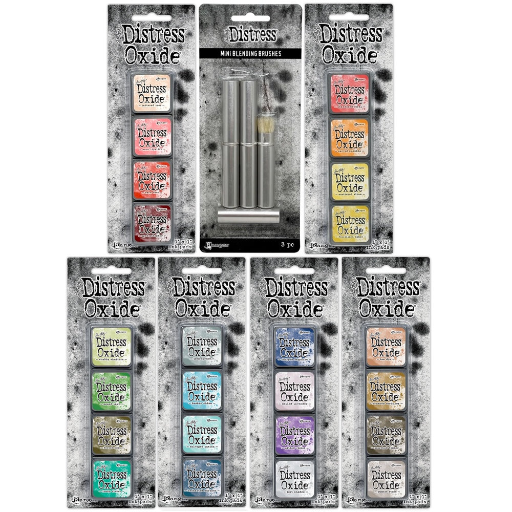 Tim Holtz Distress Mini Oxide Ink Pad Kits 13-18 And 3 Mini Blending Brushes Bundle