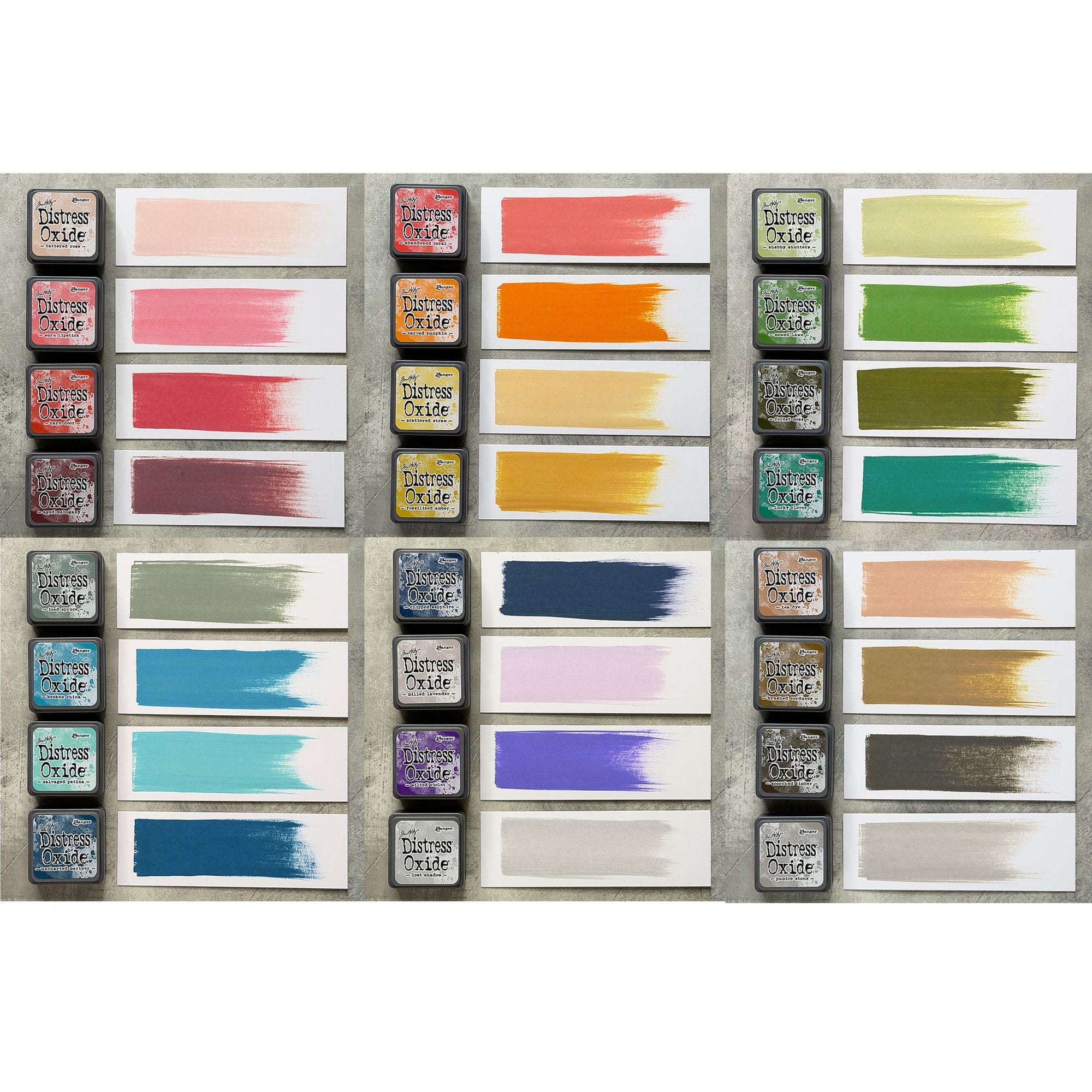 Tim Holtz Distress Mini Oxide Ink Pad Kits 13-18 And 3 Mini Blending Brushes Bundle Swatches