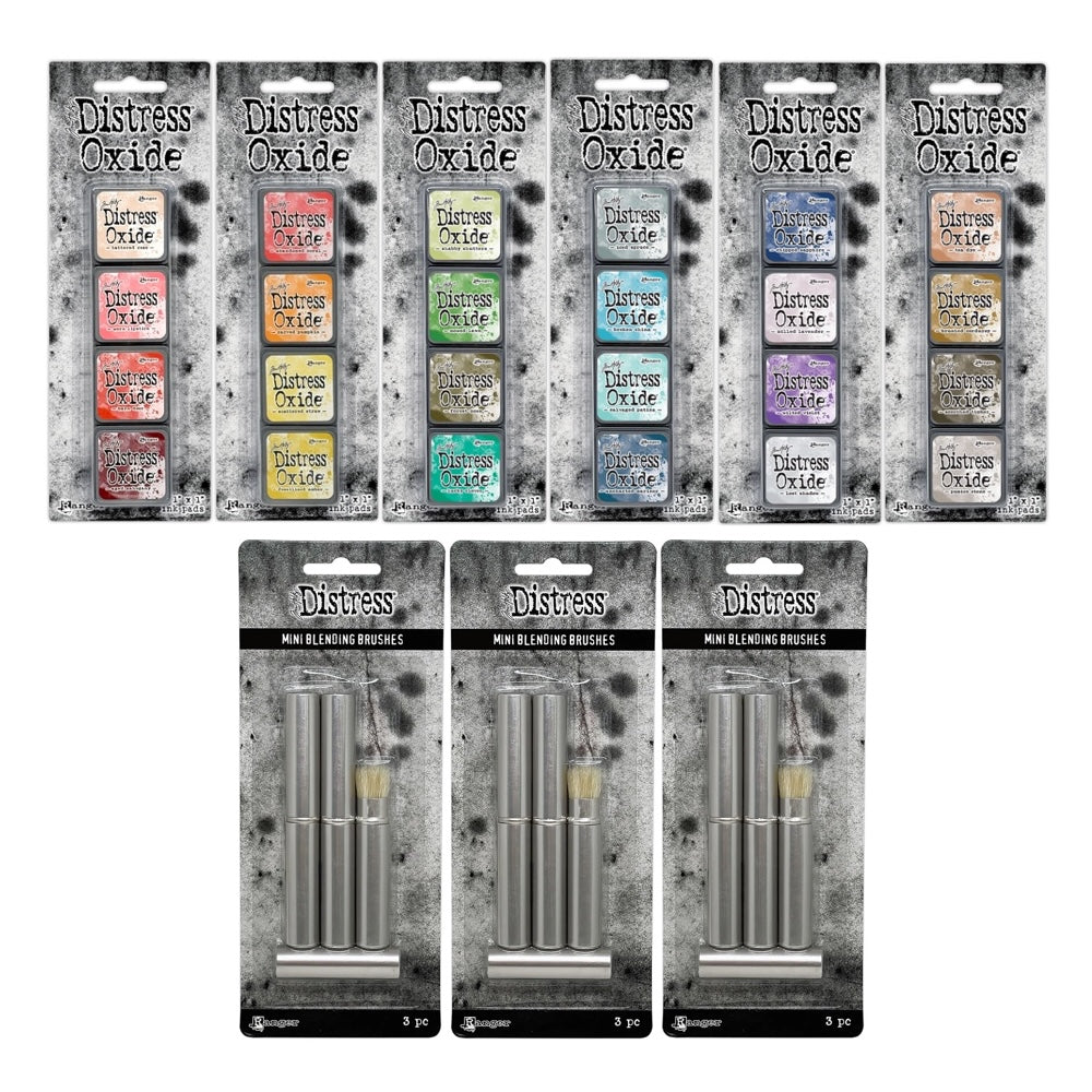 Tim Holtz Distress Mini Oxide Ink Pad Kits 13-18 And 9 Mini Blending Brushes Bundle