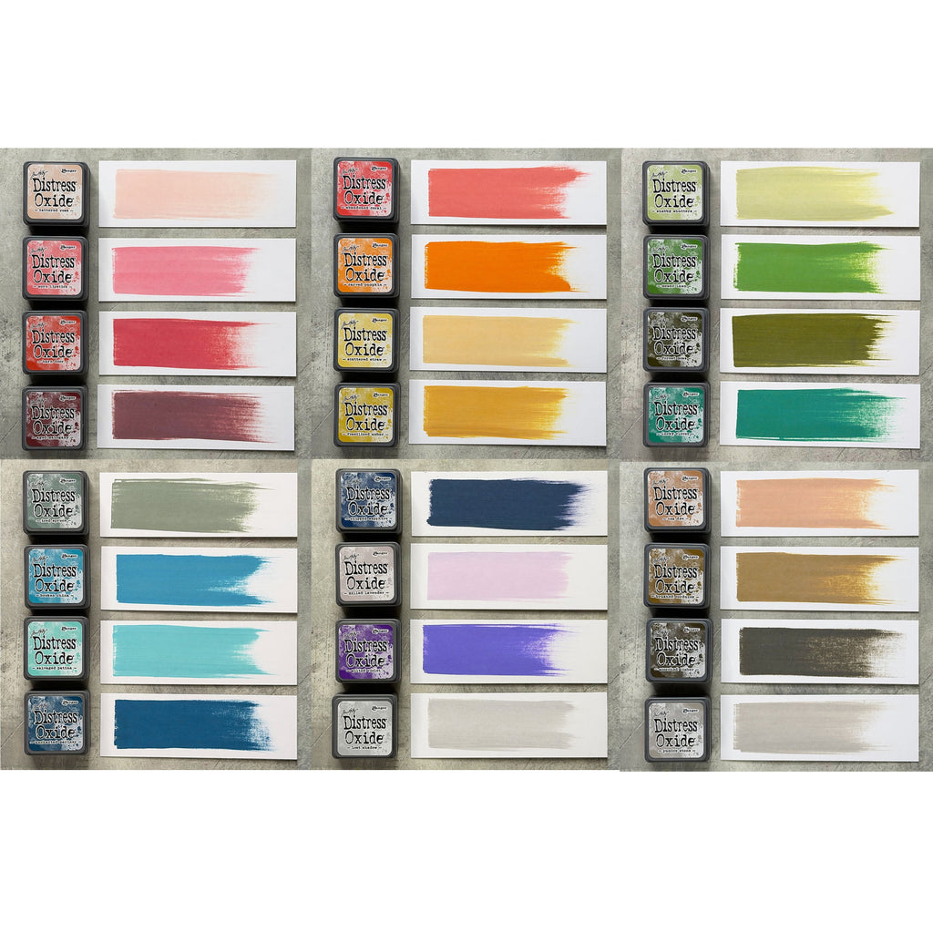 Tim Holtz Distress Mini Oxide Ink Pad Kits 13-18 And 9 Mini Blending Brushes Bundle Swatches