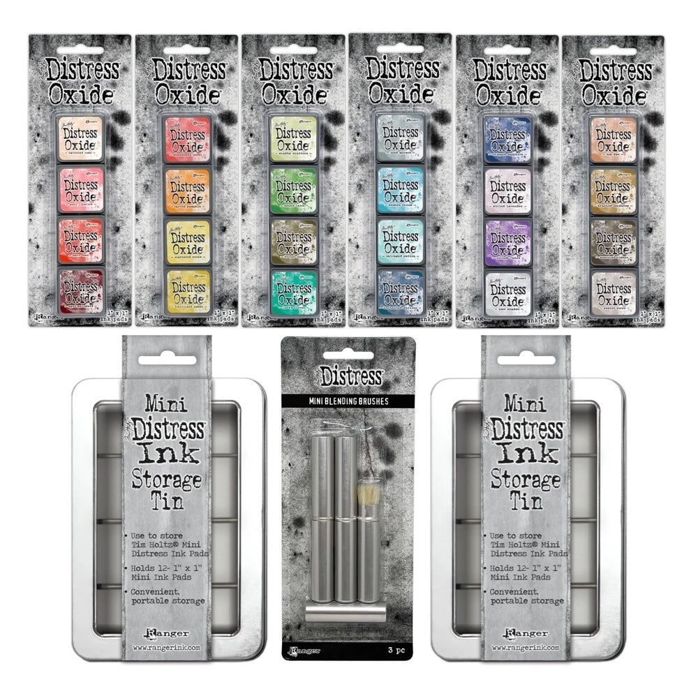 Tim Holtz Distress Mini Oxide Ink Pad Kits 13-18 Mini Blending Brushes And 2 Storage Tins Bundle
