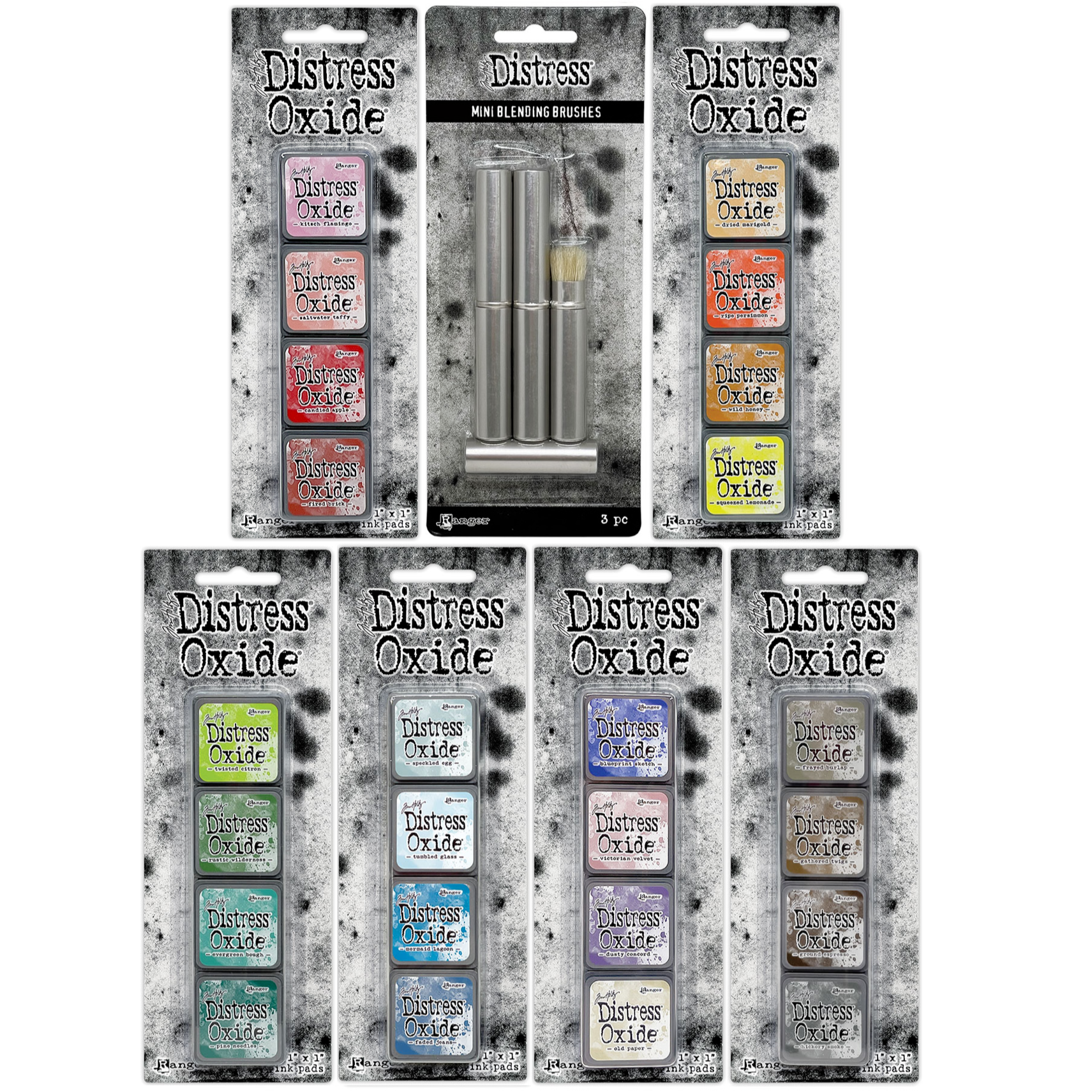 Tim Holtz Distress Mini Oxide Ink Pad Kits 7-12 And 3 Mini Blending Brushes Bundle