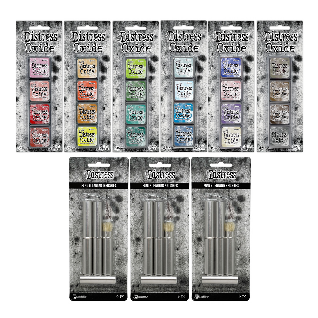 Tim Holtz Distress Mini Oxide Ink Pad Kits 7-12 And 9 Mini Blending Brushes Bundle