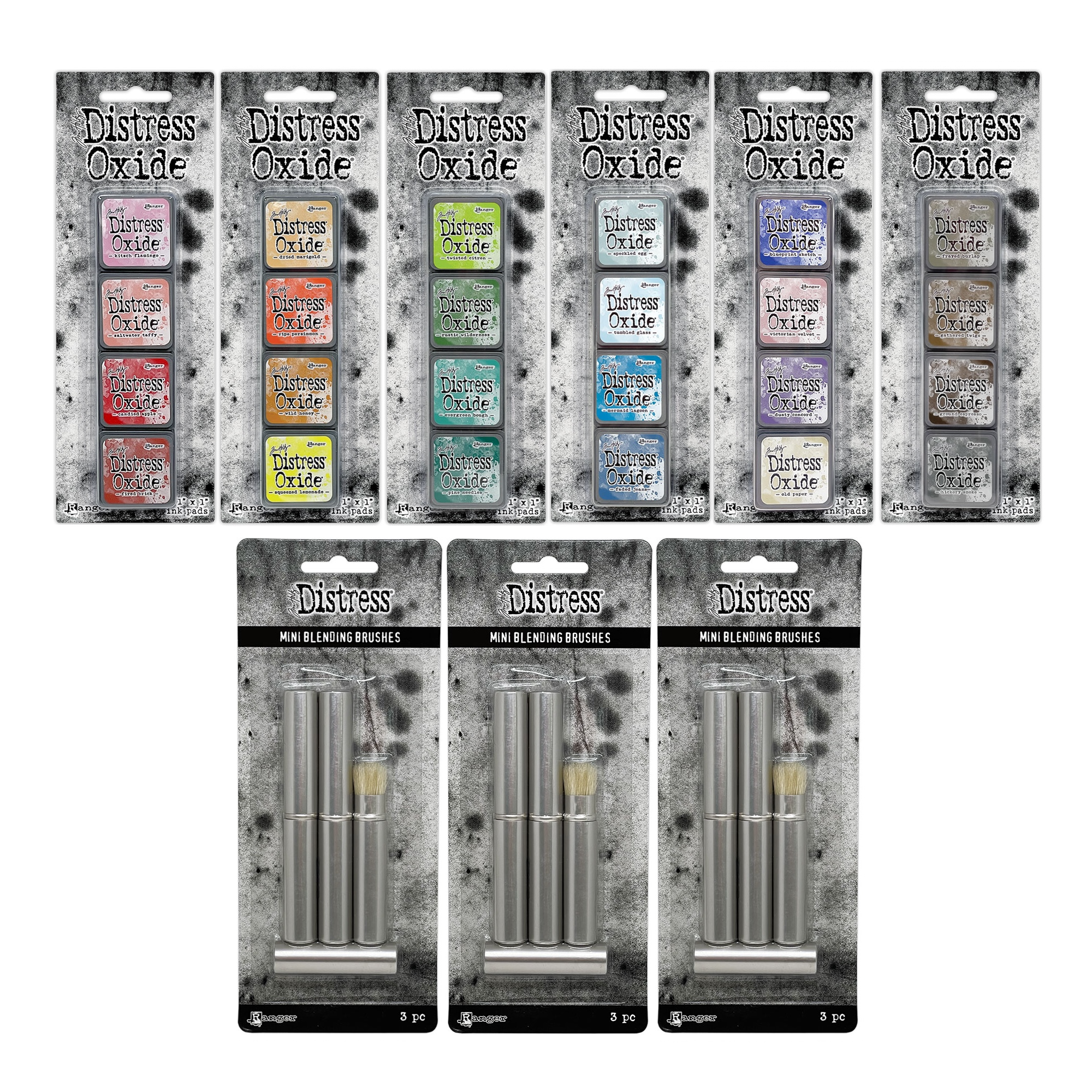 Tim Holtz Distress Mini Oxide Ink Pad Kits 7-12 And 9 Mini Blending Brushes Bundle