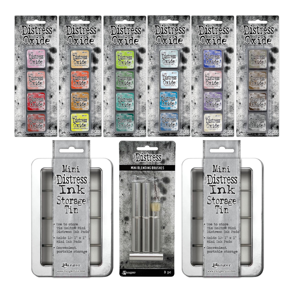 Tim Holtz Distress Mini Oxide Ink Pad Kits 7-12 Mini Blending Brushes And 2 Storage Tins Bundle
